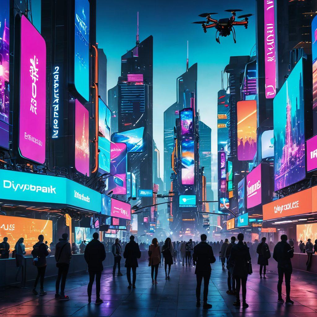 A futuristic city skyline with vibrant digital billboards showcasing the latest technology trends. In the foreground, a diverse group of people engaging in discussions about technology and lifestyle, surrounded by flying drones and smart devices. Bright neon colors and a sense of harmony between people and innovation. super-realistic. vibrant colors. cyberpunk.