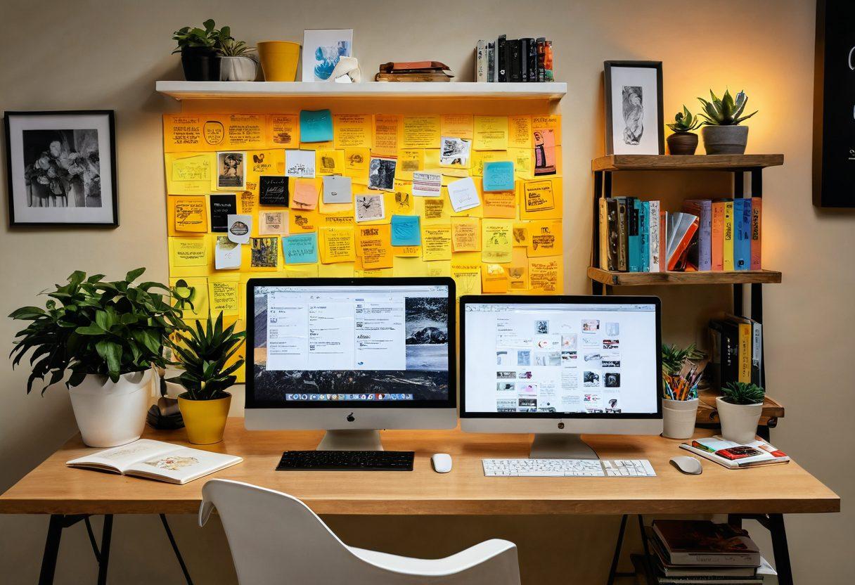 A modern workspace with a laptop open showcasing a creative content piece, surrounded by colorful sticky notes and design sketches. A robust bookshelf filled with books on innovation, creativity, and digital media in the background, while a potted plant adds a fresh touch. Bright, inspiring lighting illuminates the scene, conveying a sense of endless possibilities for content creators. super-realistic. vibrant colors. cozy ambiance.